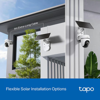 Tapo C610 solcelledrevet pan/tilt-overvågningskamera med solcellepanel, monteret på væg med 4 m kabel.
