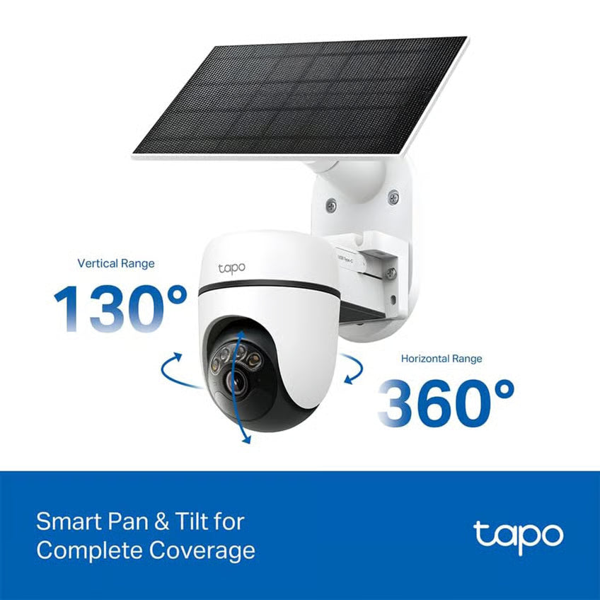 Tapo C610 solcelledrevet pan/tilt-overvågningskamera med 130° lodret og 360° vandret dækningsvinkel, batteri og solcellepanel.