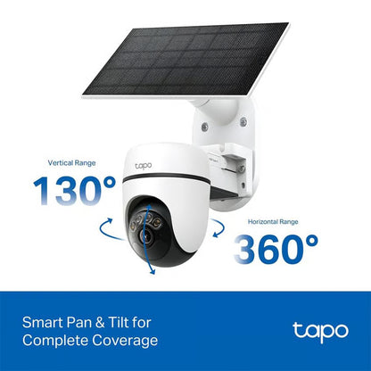 Tapo C610 solcelledrevet pan/tilt-overvågningskamera med 130° lodret og 360° vandret dækningsvinkel, batteri og solcellepanel.