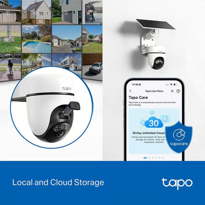 TP-Link Tapo C610 solcelledrevet pan/tilt-overvågningskamera med microSD og cloud-lagring, overskuelig app-brugergrænseflade.