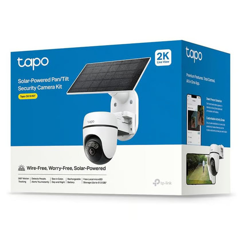 TP-LINK Tapo C610 solcelledrevet pan/tilt-overvågningskamera, batteridrevet med 2K live-visning og smartphone-app.