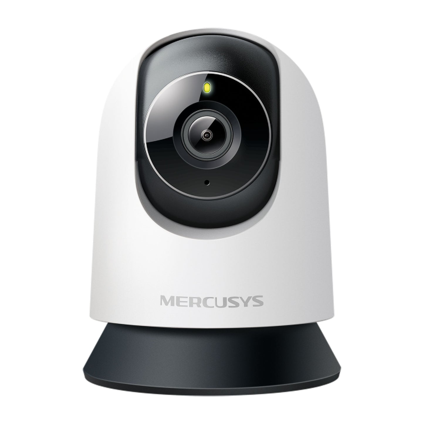 Mercusys MC210 Pan/Tilt Wi-Fi kamera hvid med sort linse, mørk base og grønt LED, 2K-opløsning.