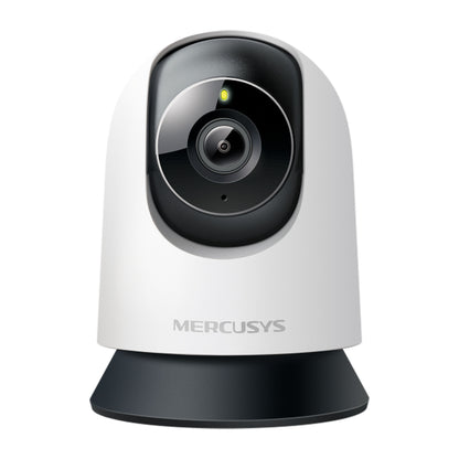 Mercusys MC210 Pan/Tilt Wi-Fi kamera hvid med sort linse, mørk base og grønt LED, 2K-opløsning.