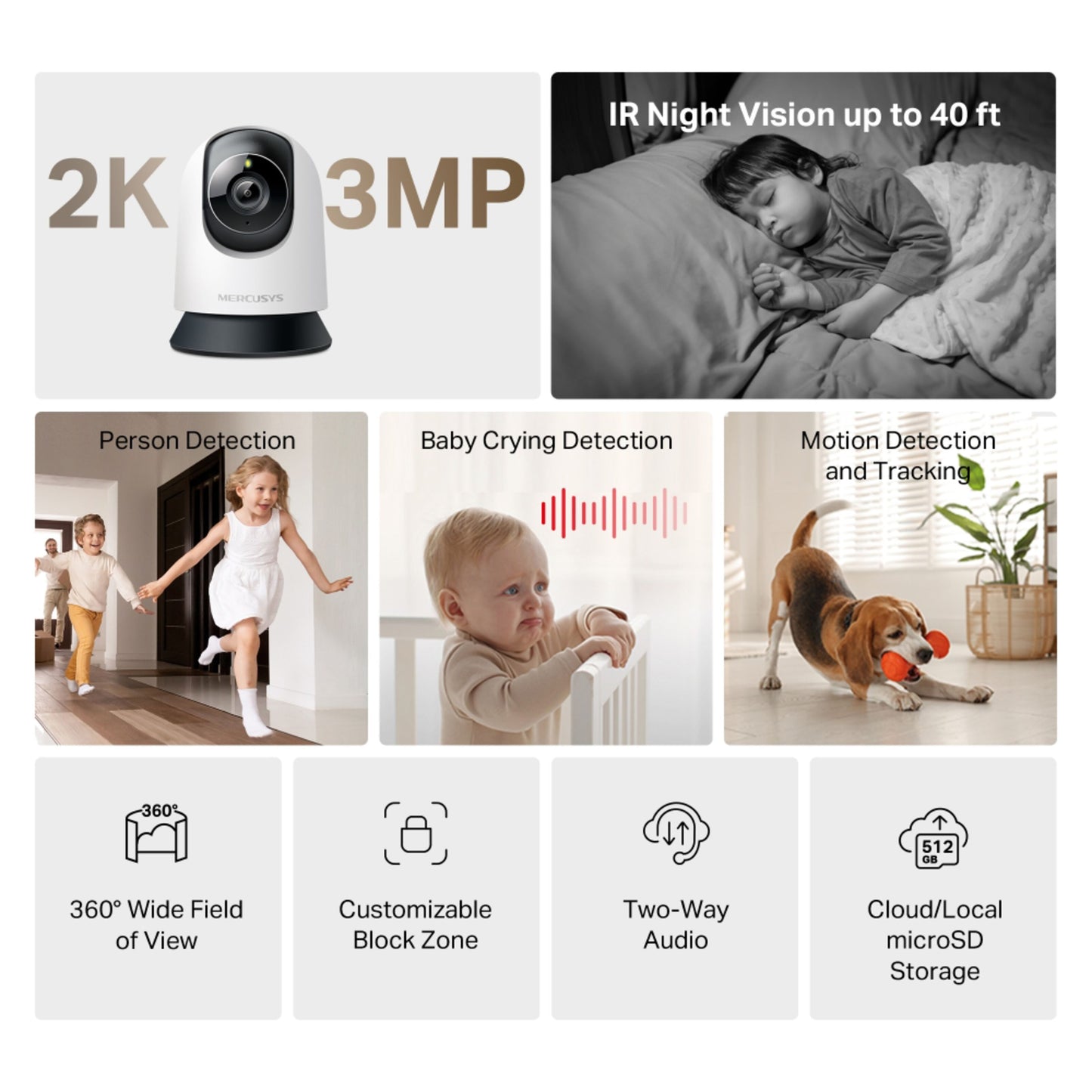 Mercusys MC210 pan/tilt Wi-Fi overvågningskamera 2K opløsning IR night vision 360° visning tovejs lyd bevægelsesdetektion.