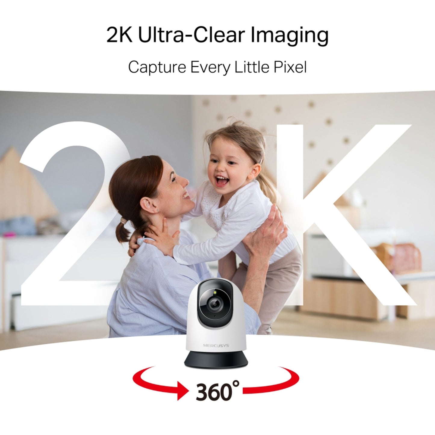 Mercusys MC210 Pan/Tilt Wi-Fi Overvågningskamera med 2K-opløsning og 360° rotation på bord i lyst hjemmemiljø.