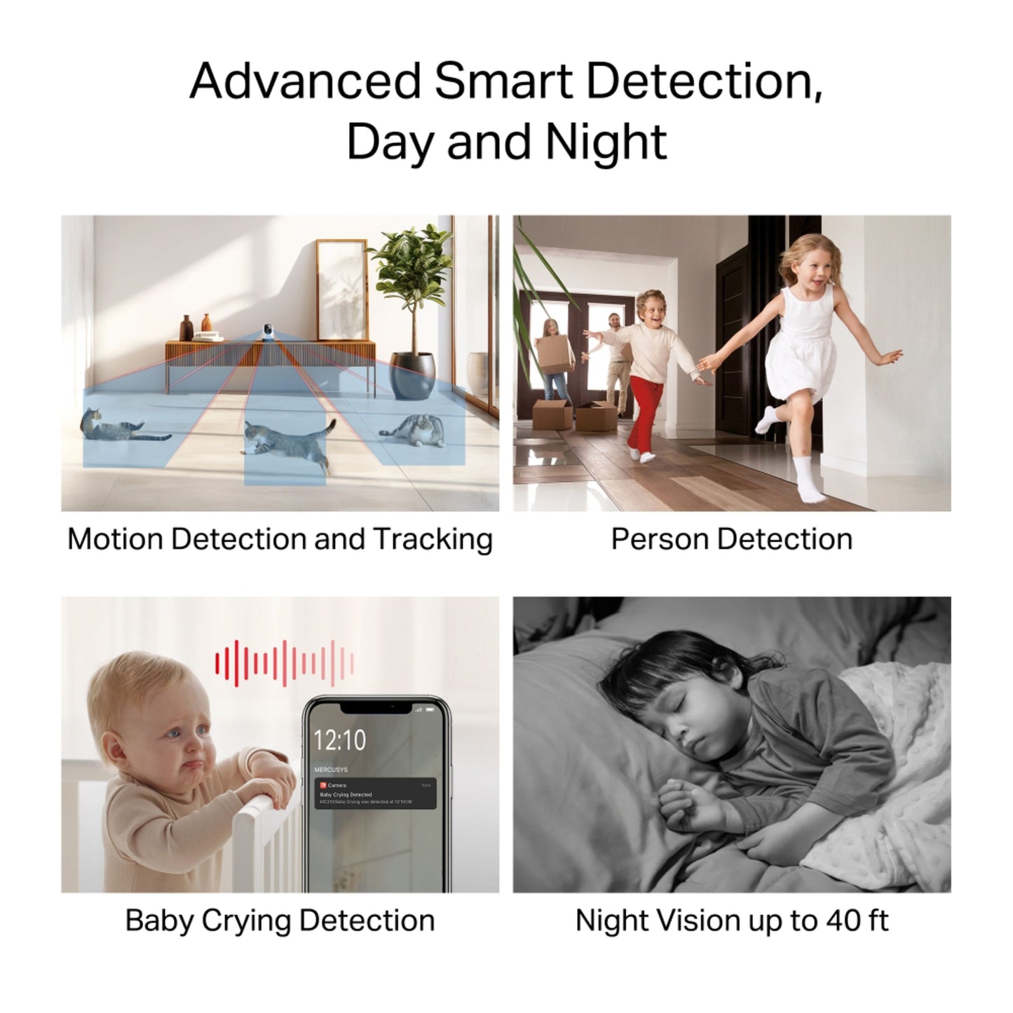 Mercusys MC210 pan/tilt Wi-Fi overvågningskamera viser bevægelses- og personregistrering, babygråd-alarm, nattesyn.