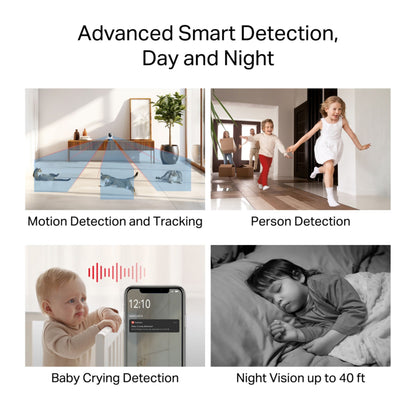 Mercusys MC210 pan/tilt Wi-Fi overvågningskamera viser bevægelses- og personregistrering, babygråd-alarm, nattesyn.