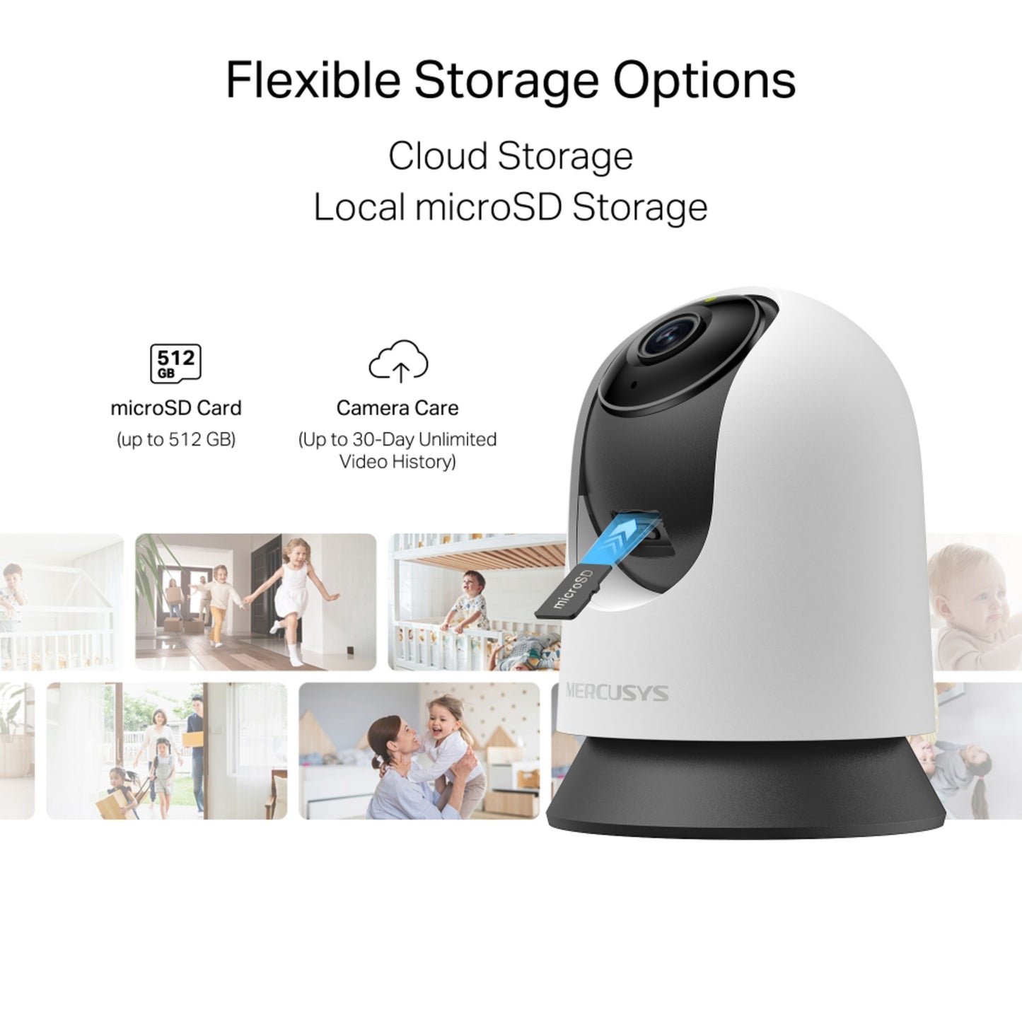 Mercusys MC210 Pan/Tilt Wi-Fi overvågningskamera 2K, microSD-slot op til 512GB, 30-dages videoarkiv, tekst: Fleksible lagringsmuligheder.