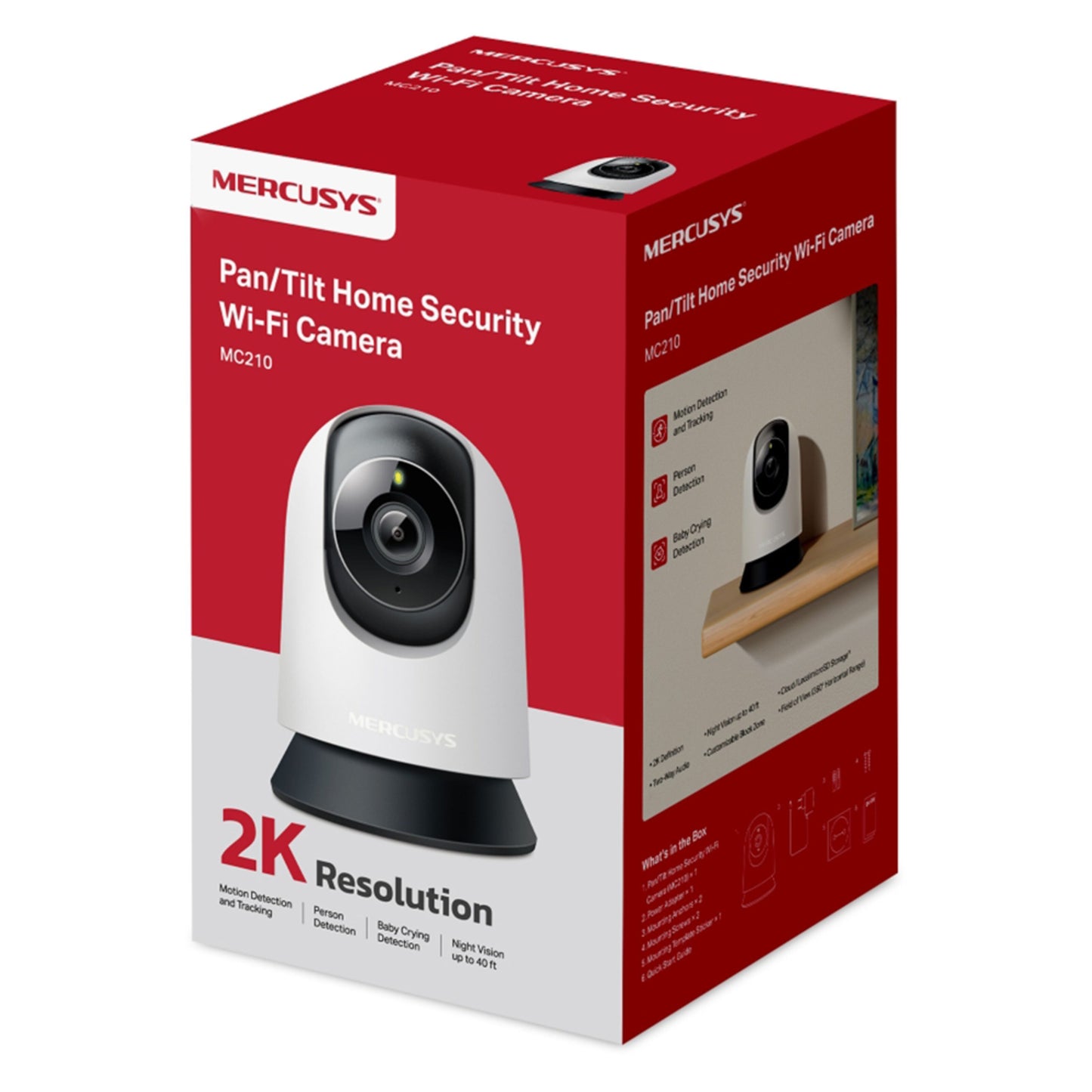 Mercusys MC210 Wi-Fi overvågningskamera 2K, pan/tilt, rød/hvid æske med specs og sikkerhedstekst.