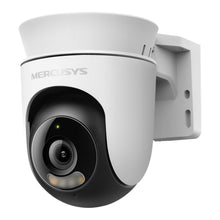 Mercusys MC510 hvid/sort udendørs pan/tilt Wi-Fi overvågningskamera med stor linse, LED-indikatorer og 2K-opløsning.