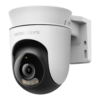 Mercusys MC510 hvid/sort udendørs pan/tilt Wi-Fi overvågningskamera med stor linse, LED-indikatorer og 2K-opløsning.