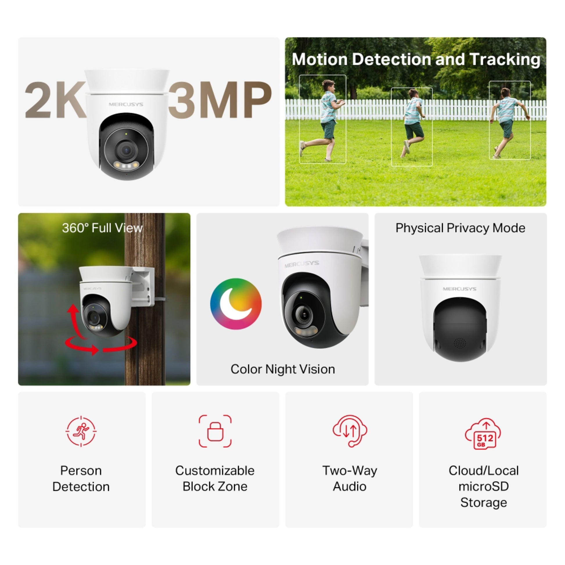 Mercusys MC510 udendørs Wi-Fi pan/tilt-overvågningskamera 2K opløsning 360° visning farvenatvision tovejslyd microSD/cloud.