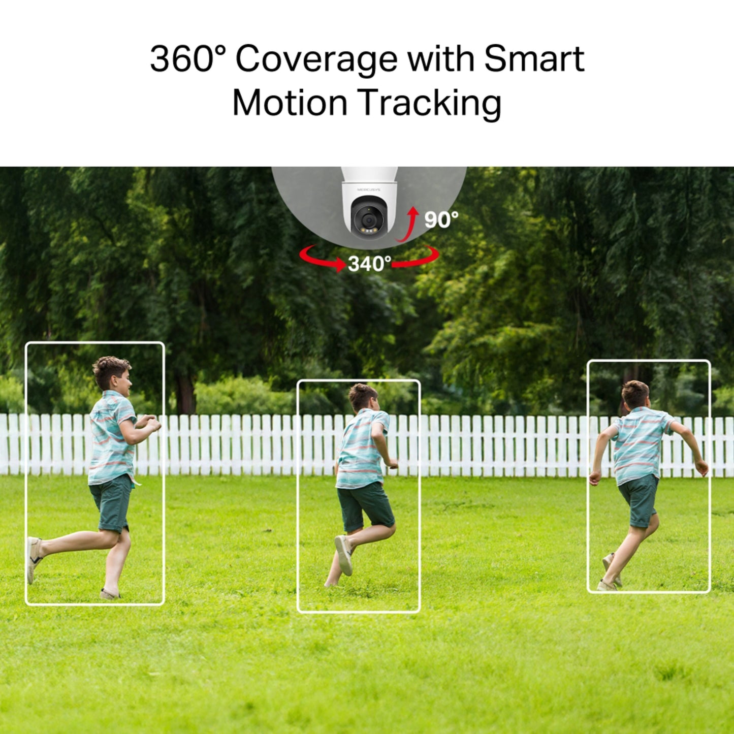 Mercusys MC510 udendørs pan/tilt Wi-Fi kamera 2K opløsning farvenatvision 360° dækning smart bevægelsessporing.