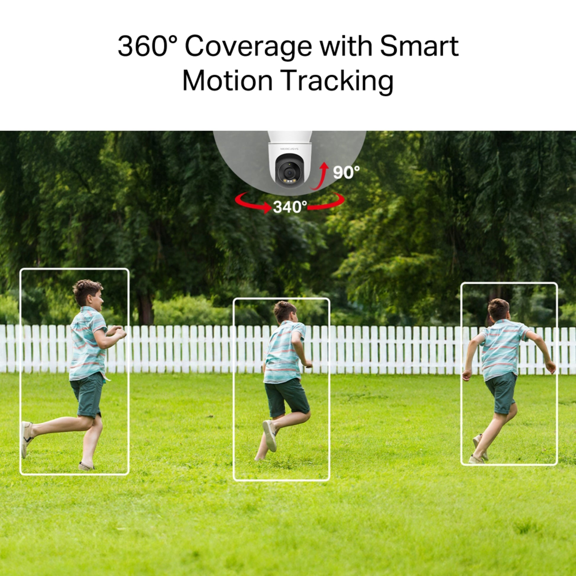 Mercusys MC510 udendørs pan/tilt Wi-Fi kamera 2K opløsning farvenatvision 360° dækning smart bevægelsessporing.