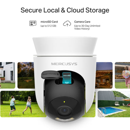 Mercusys MC510 udendørs pan/tilt Wi-Fi kamera med microSD-kortslot, Camera Care cloud, 2K-opløsning og farvenatvision.