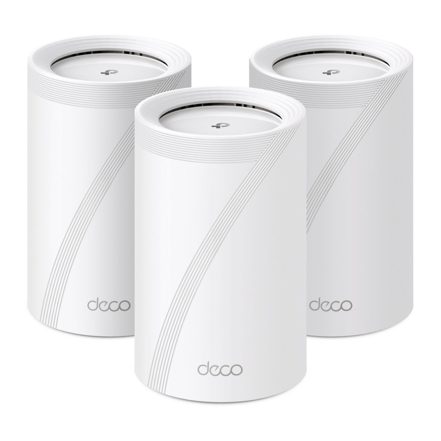 TP-Link Deco BE65 (BE9300) Mesh Wifi 7, tre hvide enheder med buede kanter og Deco-logo, tri-band mesh.