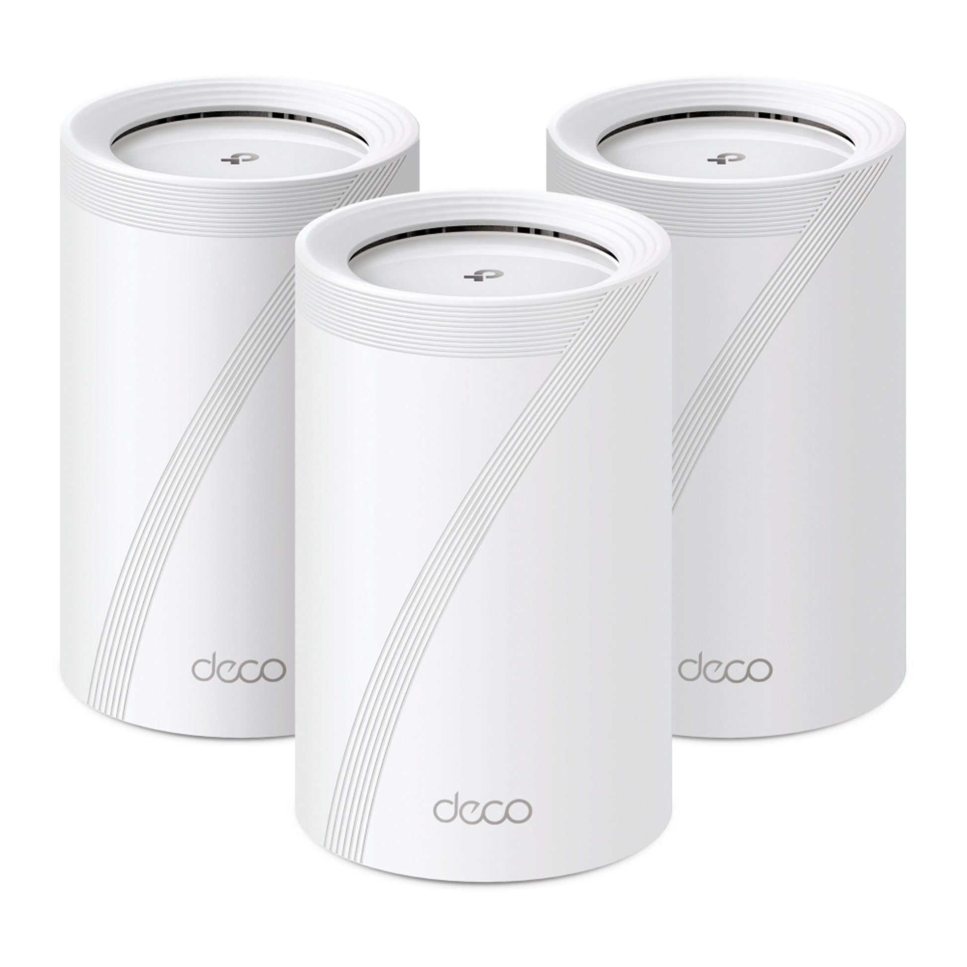 TP-Link Deco BE65 (BE9300) Mesh Wifi 7, tre hvide enheder med buede kanter og Deco-logo, tri-band mesh.