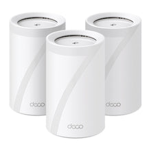 TP-Link Deco BE65 (BE9300) Mesh Wifi 7, tre hvide enheder med buede kanter og Deco-logo, tri-band mesh.