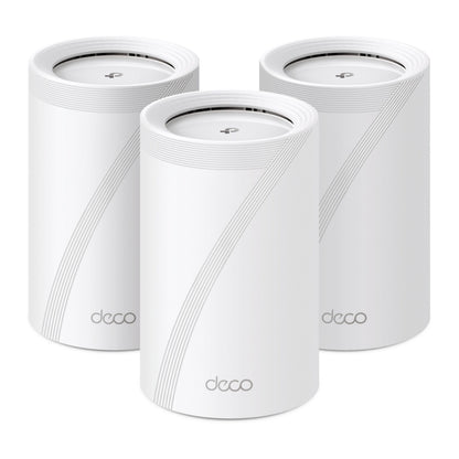 TP-Link Deco BE65 (BE9300) Mesh Wifi 7, tre hvide enheder med buede kanter og Deco-logo, tri-band mesh.