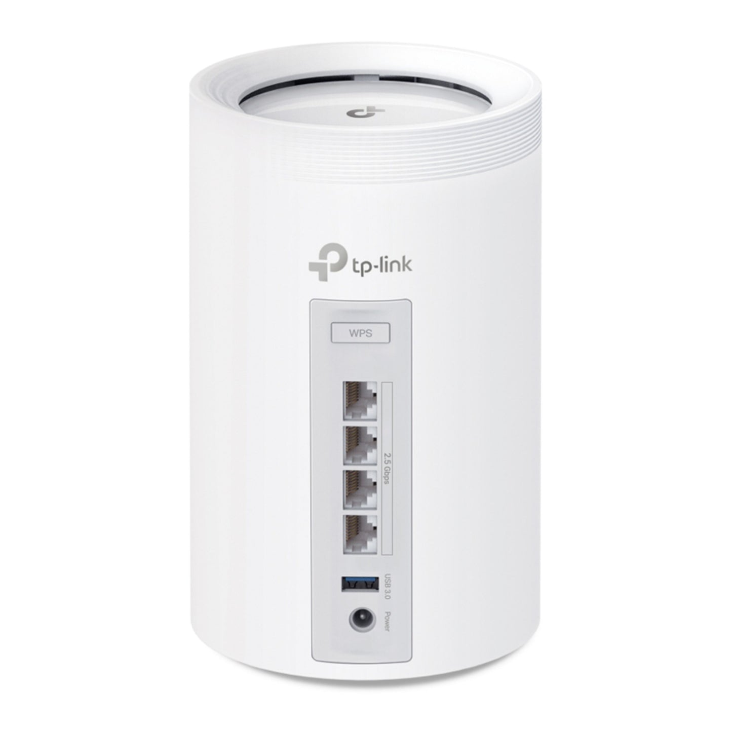 TP-Link Deco BE65 (BE9300) Mesh WiFi 7, hvid cylinder, tri-band, fire Ethernet-porte, strøm, reset og WPS bagpå.