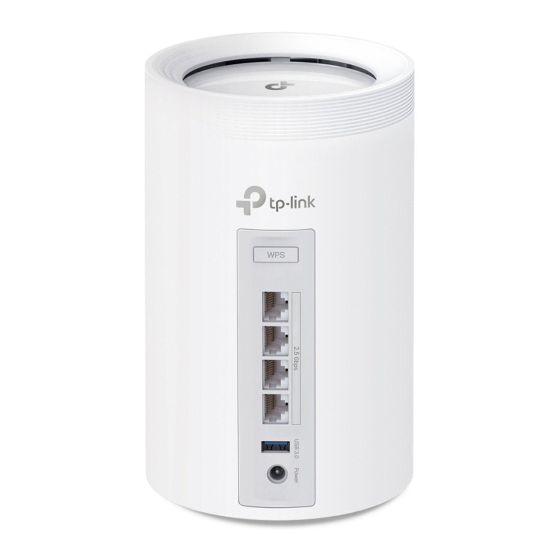 TP-Link Deco BE65 (BE9300) Mesh WiFi 7, hvid cylinder, tri-band, fire Ethernet-porte, strøm, reset og WPS bagpå.