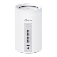 TP-Link Deco BE65 (BE9300) Mesh WiFi 7, hvid cylinder, tri-band, fire Ethernet-porte, strøm, reset og WPS bagpå.