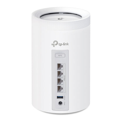 TP-Link Deco BE65 (BE9300) Mesh WiFi 7, hvid cylinder, tri-band, fire Ethernet-porte, strøm, reset og WPS bagpå.