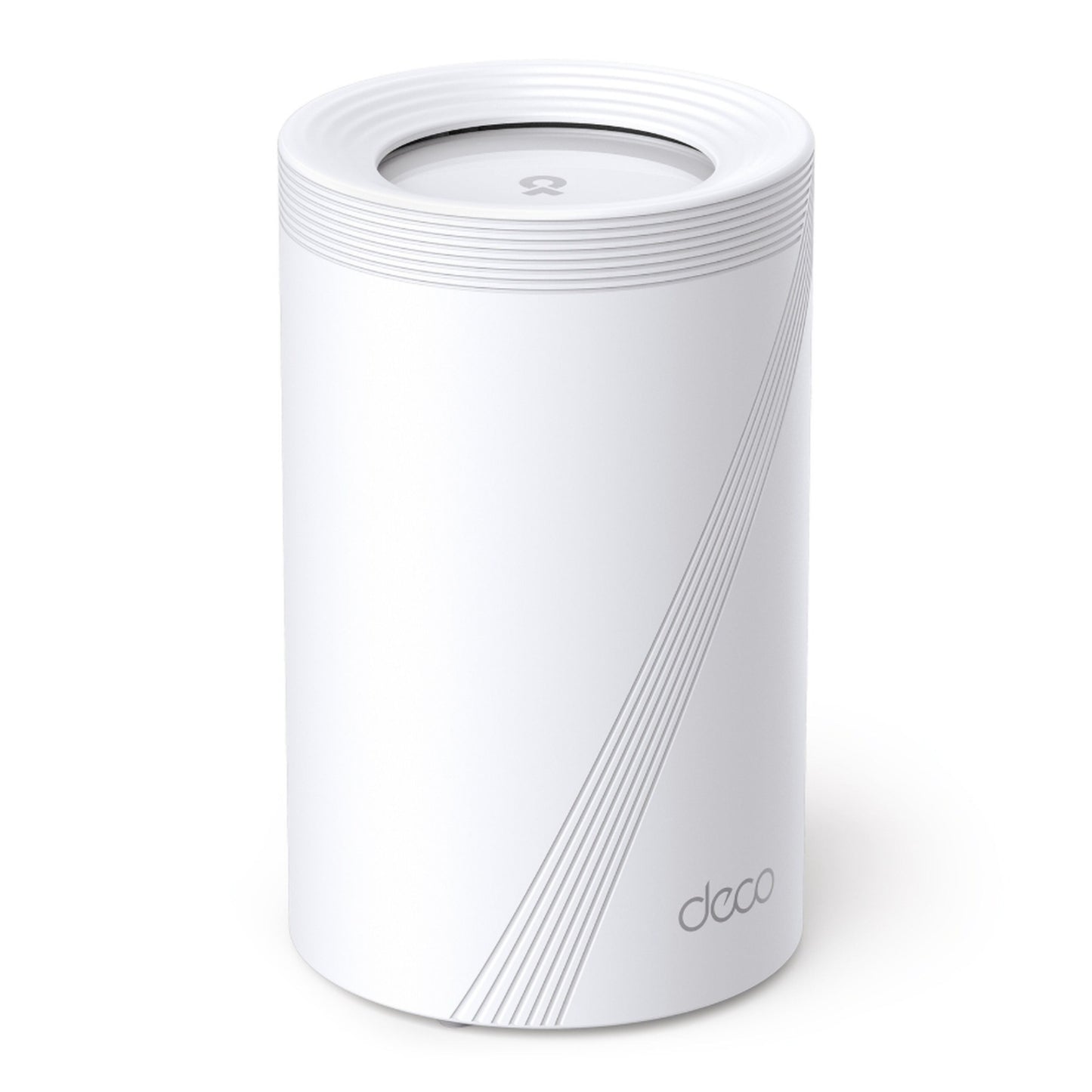 TP-Link Deco BE65 BE9300 hvid cylindrisk Mesh WiFi 7-router med diagonale linjer og "deco"-logo nær bunden.