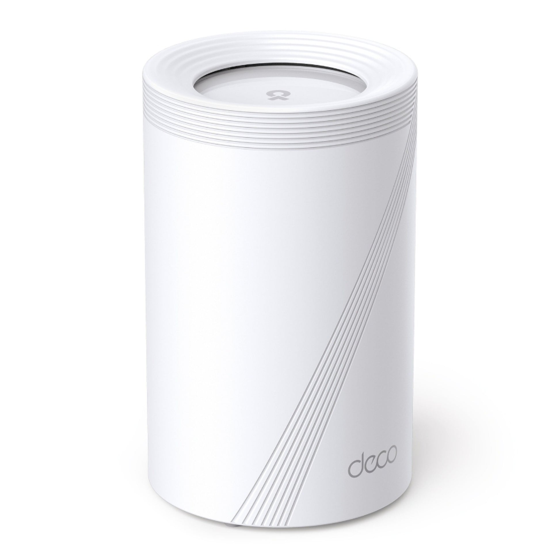 TP-Link Deco BE65 BE9300 hvid cylindrisk Mesh WiFi 7-router med diagonale linjer og "deco"-logo nær bunden.