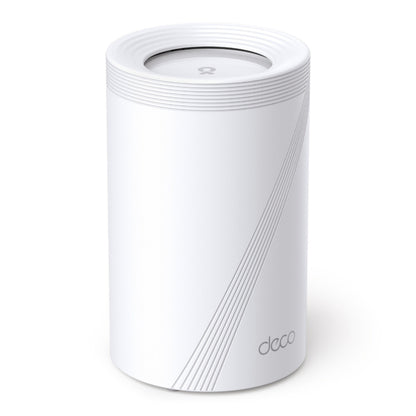 TP-Link Deco BE65 BE9300 hvid cylindrisk Mesh WiFi 7-router med diagonale linjer og "deco"-logo nær bunden.