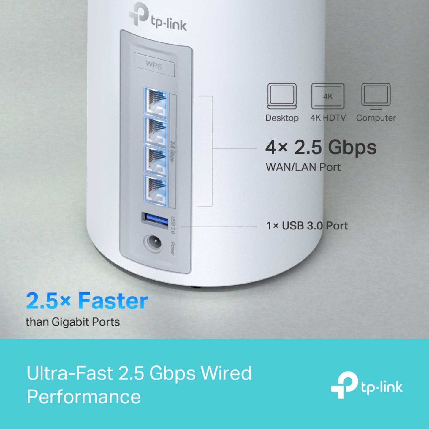 TP-Link Deco BE65 BE9300 Mesh WiFi 7, hvid, fire 2.5Gbps WAN/LAN-porte, USB 3.0-port, WPS-knap.