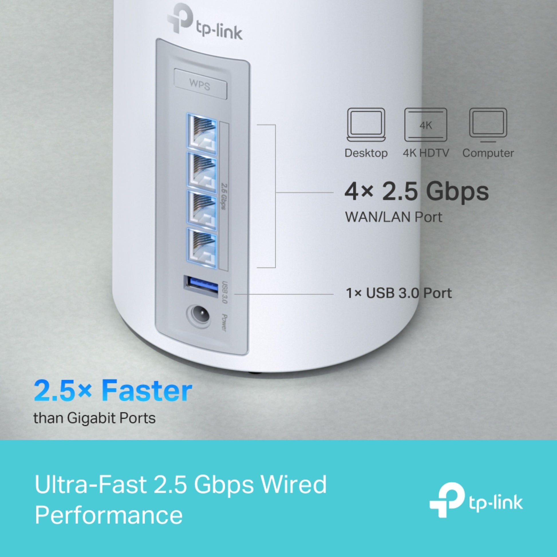 TP-Link Deco BE65 BE9300 Mesh WiFi 7, hvid, fire 2.5Gbps WAN/LAN-porte, USB 3.0-port, WPS-knap.
