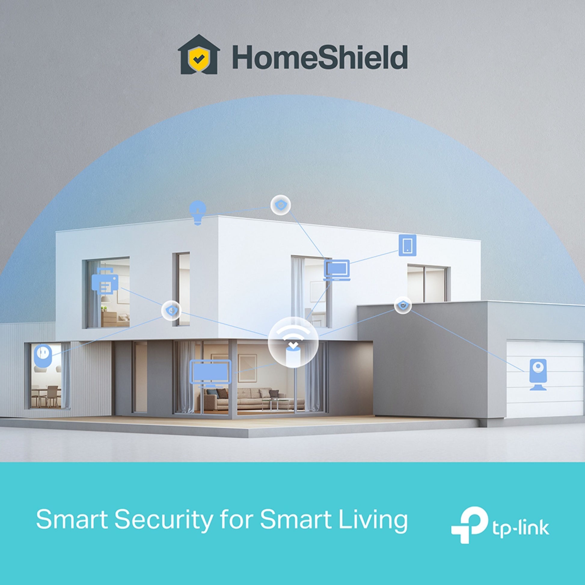 TP-Link Deco BE65 BE9300 Mesh WiFi 7 med HomeShield-logo og teksten "Smart Security for Smart Living", TP-Link-logo nederst.