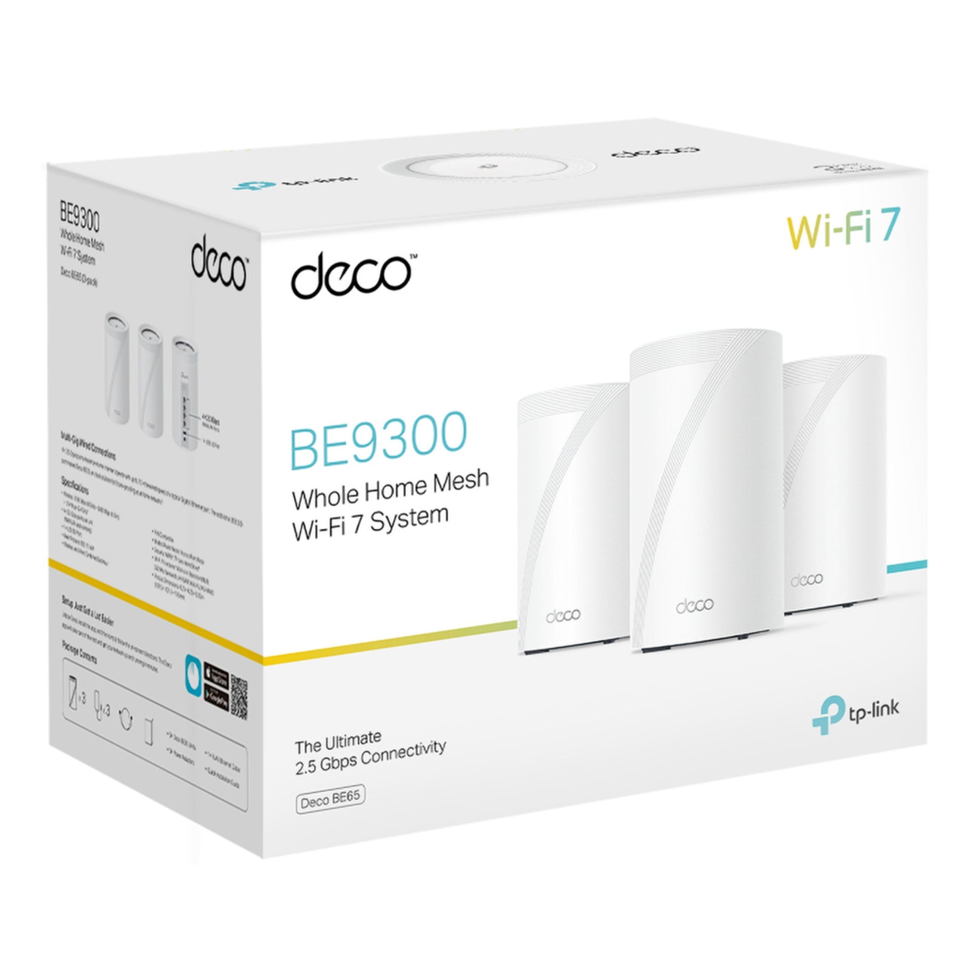 TP-Link Deco BE65 BE9300 Mesh WiFi 7-system, tre hvide enheder, tri-band, 2,5 Gbps, WiFi 7 står på æsken.
