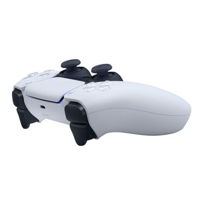 Sony DualSense V3 trådløs controller hvid/sort, sidevinkel med analoge pinde, udløsere, knapper og blå LED-lyslinje.