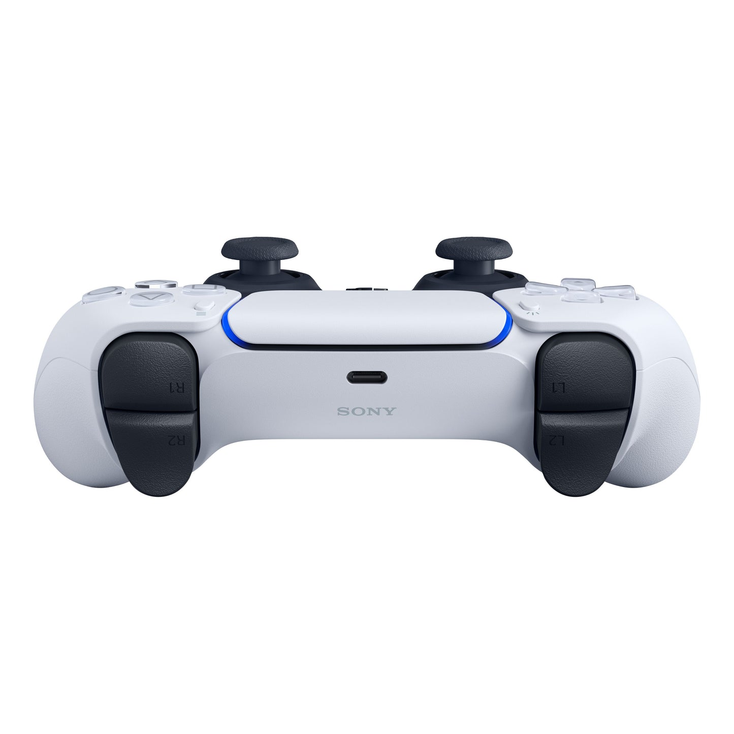 Sony DualSense V3 trådløs controller hvid, forfra med touchpad, blå lysbjælke, L1/L2 R1/R2-triggere, analoge sticks, USB-C-port.