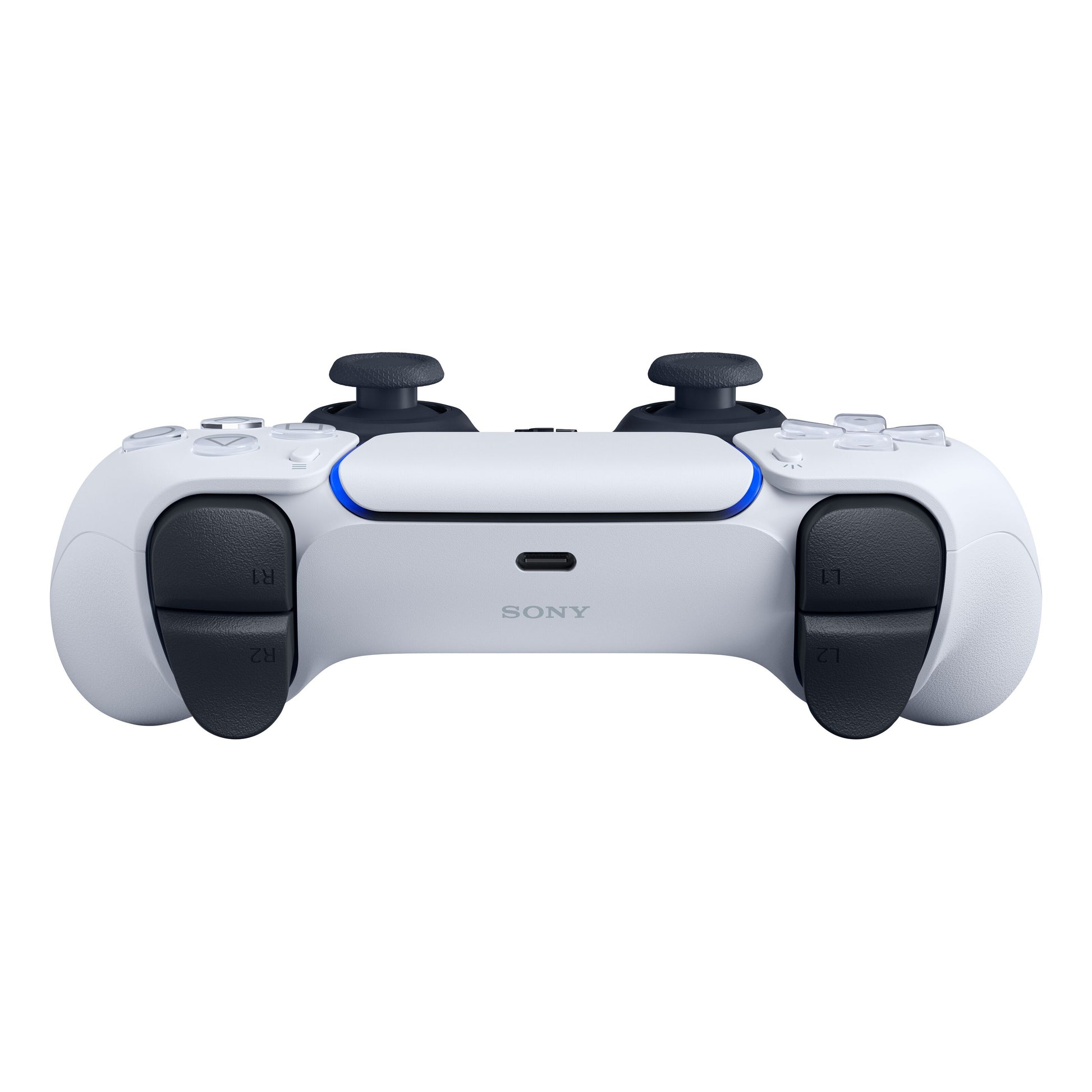 Sony DualSense V3 trådløs controller hvid, forfra med touchpad, blå lysbjælke, L1/L2 R1/R2-triggere, analoge sticks, USB-C-port.