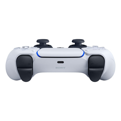 Sony DualSense V3 trådløs controller hvid, forfra med touchpad, blå lysbjælke, L1/L2 R1/R2-triggere, analoge sticks, USB-C-port.