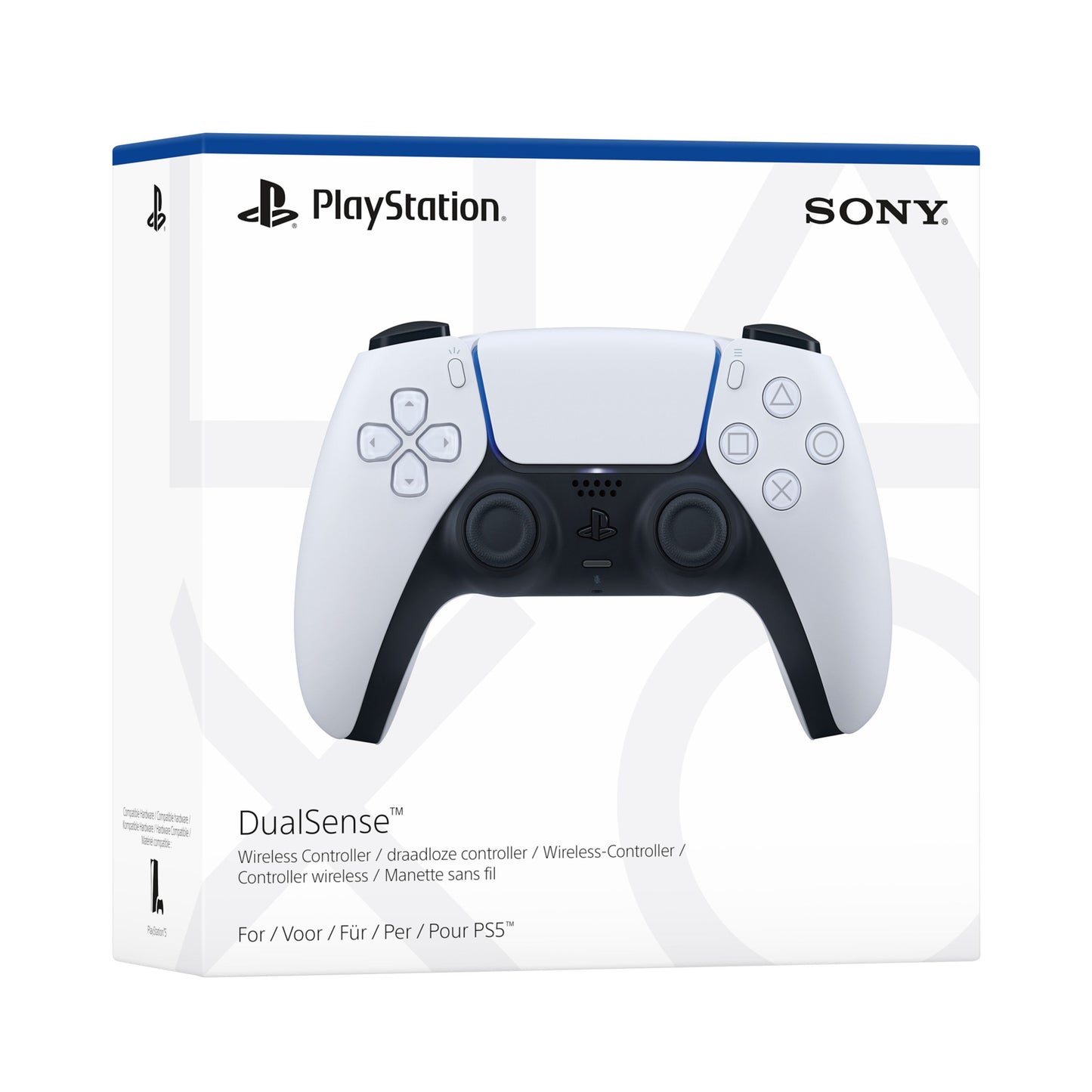 Sony DualSense V3 Trådløs controller Hvid på æske med Sony-logo, trådløst design og produktnavn tydeligt synligt.