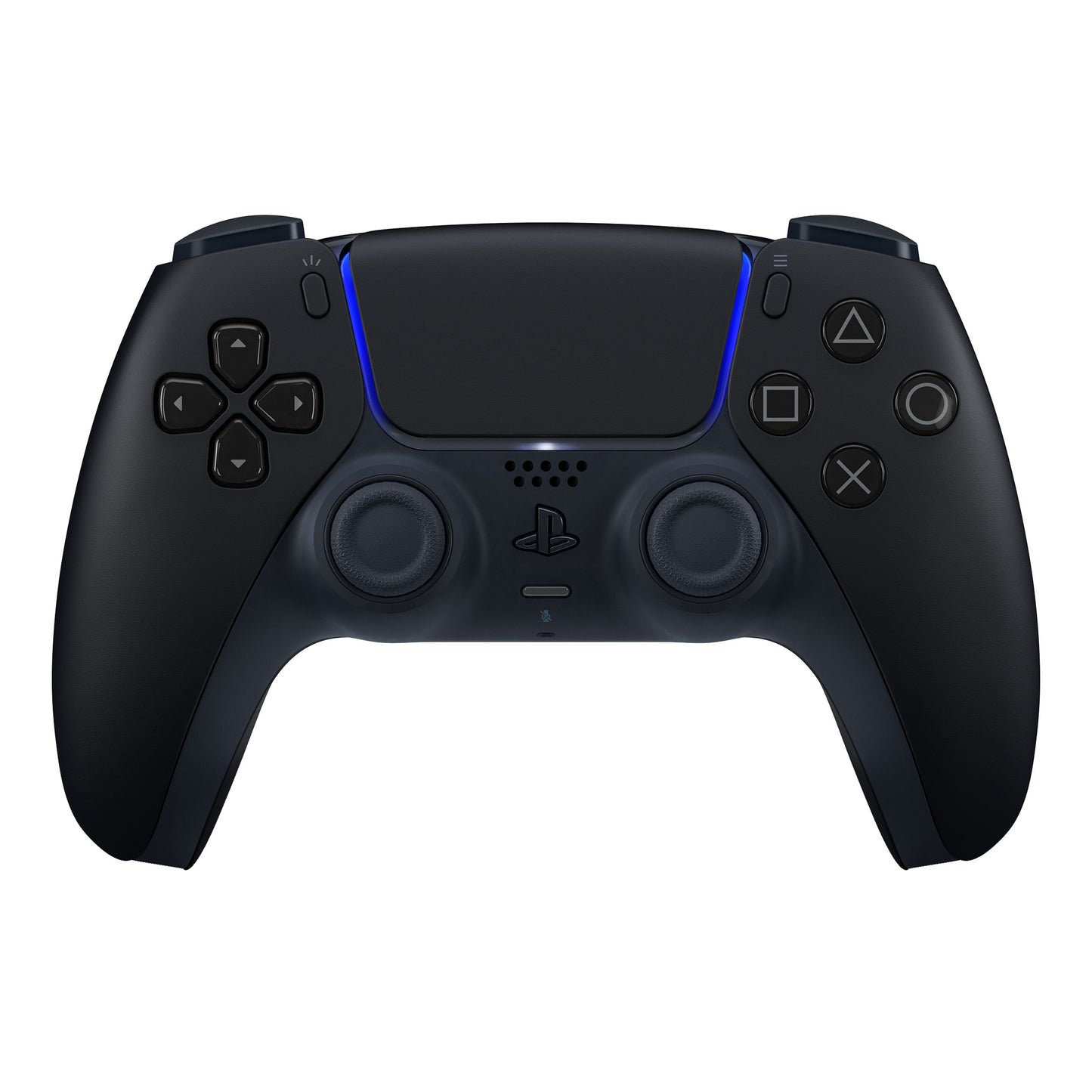 Sony DualSense V3 trådløs controller sort, set forfra med analoge pinde, retningsknapper og blå LED-lys.