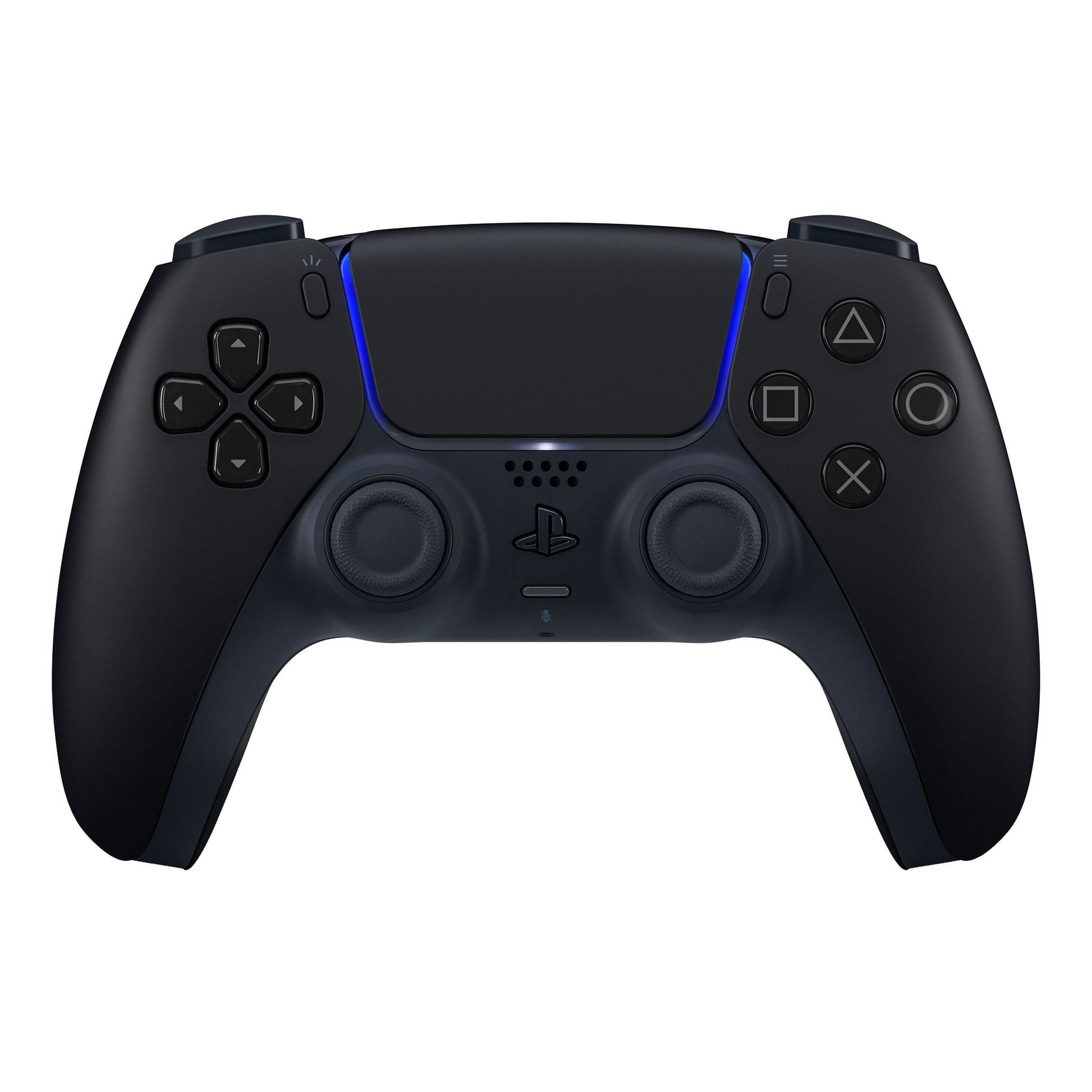Sony DualSense V3 trådløs controller sort, set forfra med analoge pinde, retningsknapper og blå LED-lys.