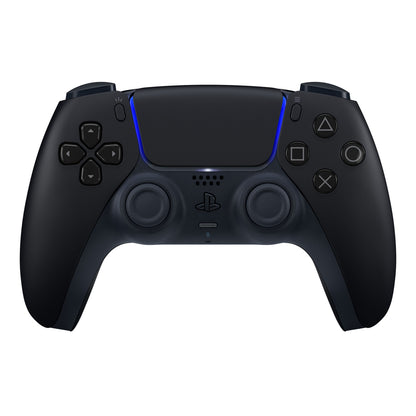 Sony DualSense V3 trådløs controller sort, set forfra med analoge pinde, retningsknapper og blå LED-lys.