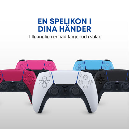 Sony DualSense V3 Trådløs controller i rød, pink, hvid, blå og sort med svensk tekst om farver og designikoner.