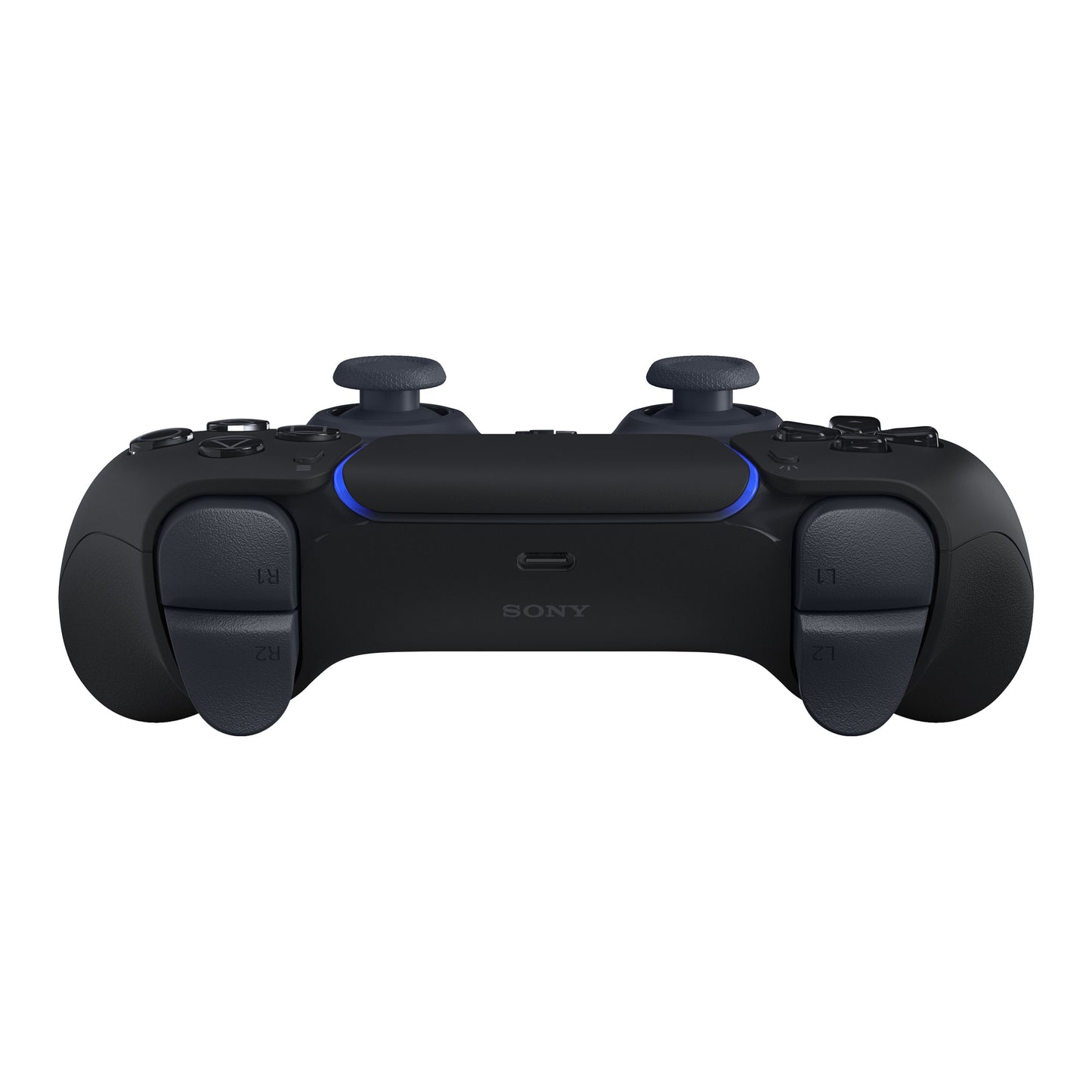 Sony DualSense V3 trådløs controller sort med analoge frontsticks, skulderknapper, USB-C port og blå LED-lysdetaljer.