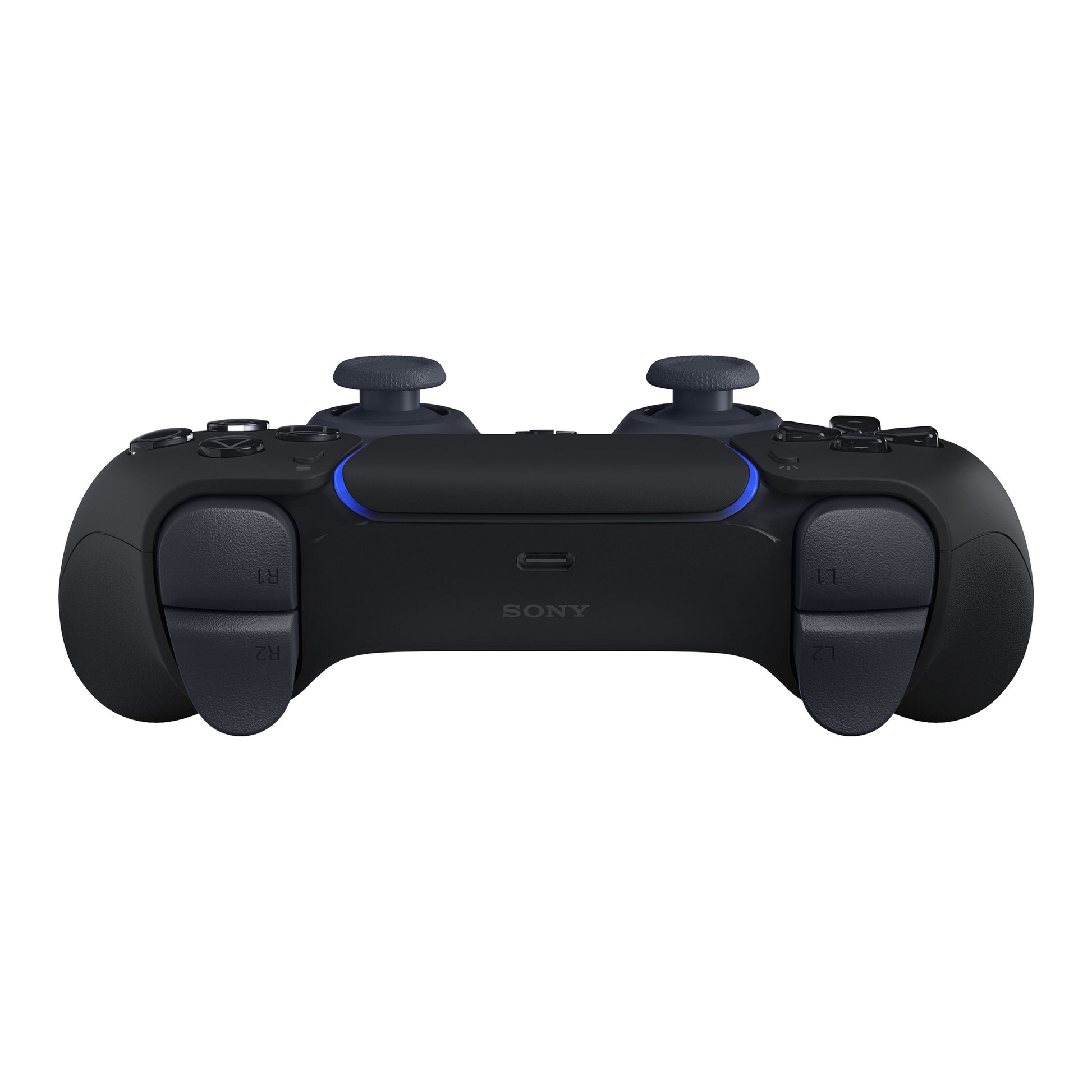 Sony DualSense V3 trådløs controller sort med analoge frontsticks, skulderknapper, USB-C port og blå LED-lysdetaljer.