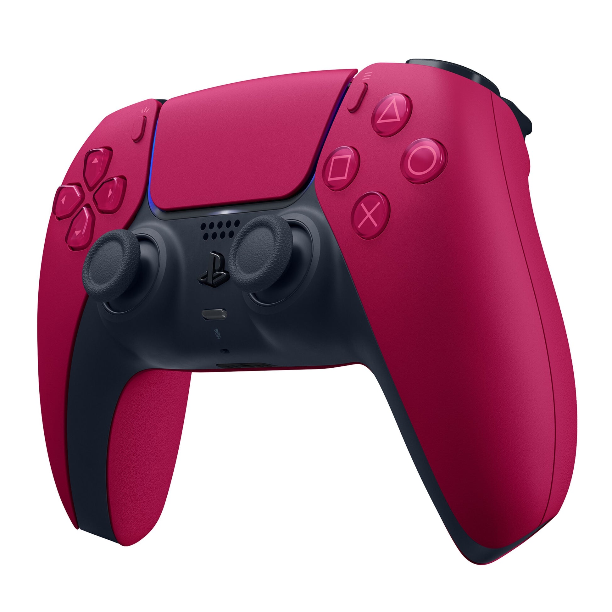 Sony DualSense V3 trådløs controller rød-sort, synlige knapper, tommelstik og ergonomisk greb.