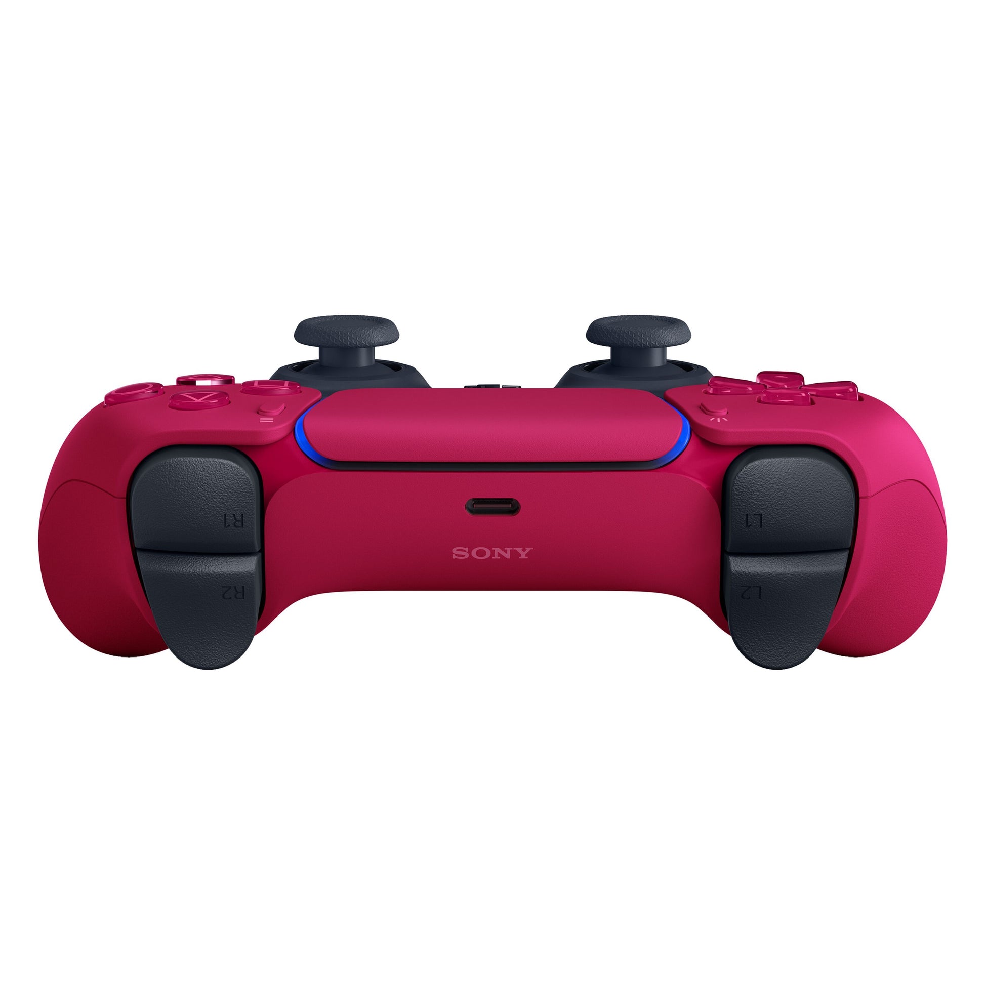 Sony DualSense V3 trådløs controller til PS5, rød med forskellige joysticks, triggere, knapper, opladningsport og Sony-logo.