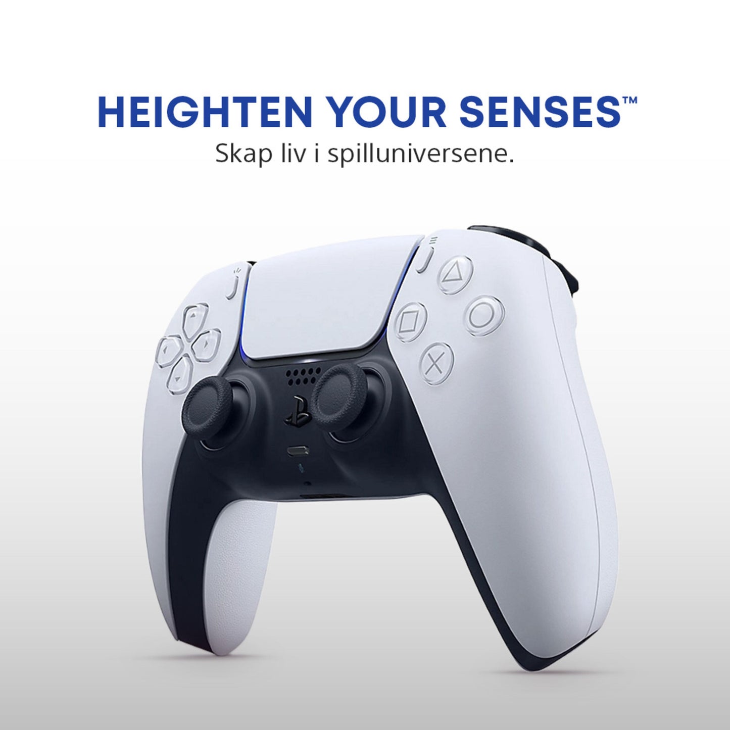 Sony DualSense V3 trådløs controller lilla med teksten HEIGHTEN YOUR SENSES, PlayStation 5 model vises.