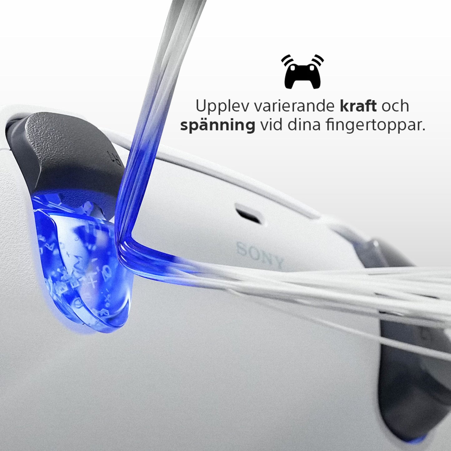 Sony DualSense V3 Trådløs controller lilla, blå belysning, klare udløsere, svensk tekst om kraft og spænding.