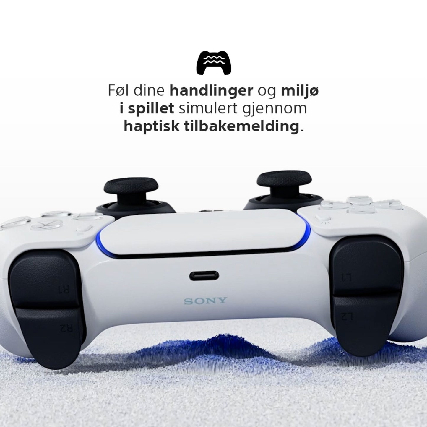 Sony DualSense V3 trådløs controller lilla, placeret på tekstureret overflade, norsk tekst om PS5 oplevelse synlig.